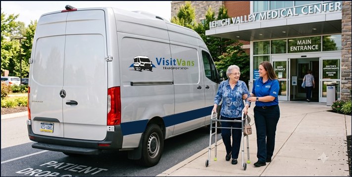 Visit Vans driver helping a senior with a walker at Lehigh Valley Medical Center