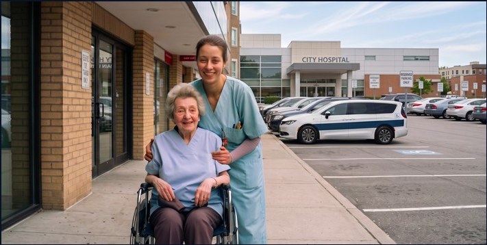 Smiling nurse with a senior passenger in a wheelchair outside City Hospital